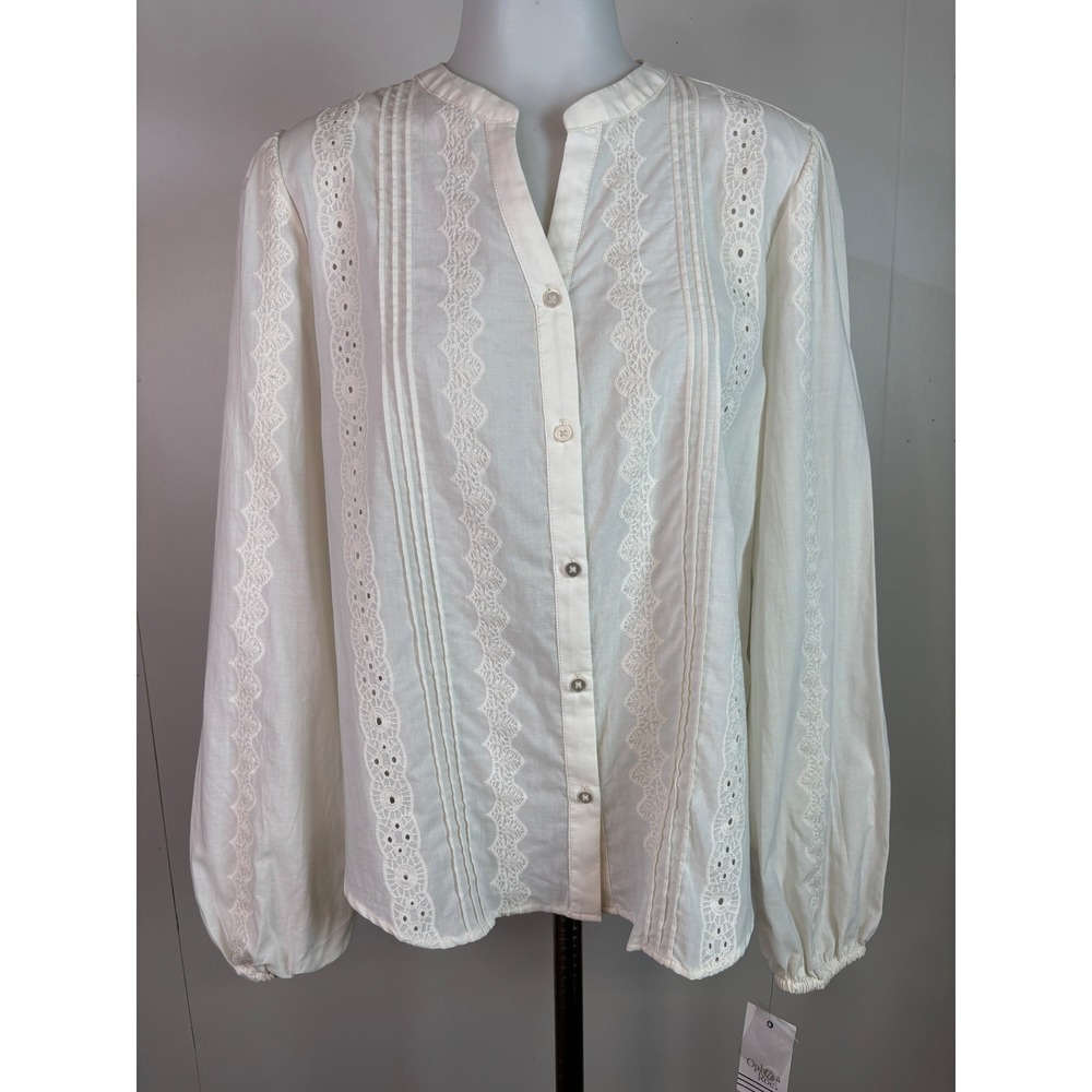 Ophelia Roe Button Down Blouse Large Ivory Lace Trim Pintuck Embroidered Cotton
